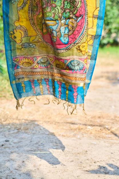 multicolor; gold; floral; yellow; blue; pink; red silk Yellow Chanderi Silk Dupatta with Mythological Kalamkari - Divine Tale