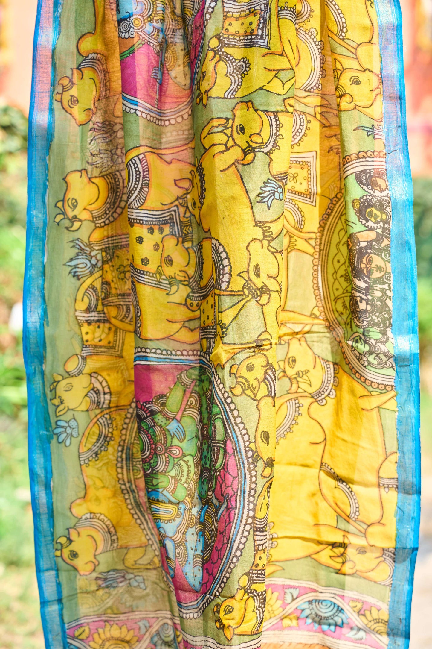 Yellow Chanderi Silk Dupatta with Mythological Kalamkari – Divine Tales – handcrafted silk – Handcrafted in India