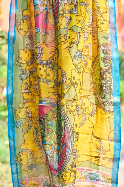 multicolor; gold; floral; yellow; blue; pink; red silk Yellow Chanderi Silk Dupatta with Mythological Kalamkari - Divine Tale