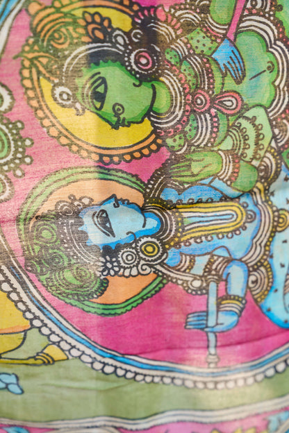 multicolor; gold; floral; yellow; blue; pink; red silk Yellow Chanderi Silk Dupatta with Mythological Kalamkari - Divine Tale