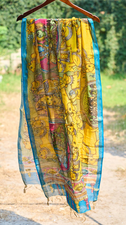 multicolor; gold; floral; yellow; blue; pink; red silk Yellow Chanderi Silk Dupatta with Mythological Kalamkari - Divine Tale