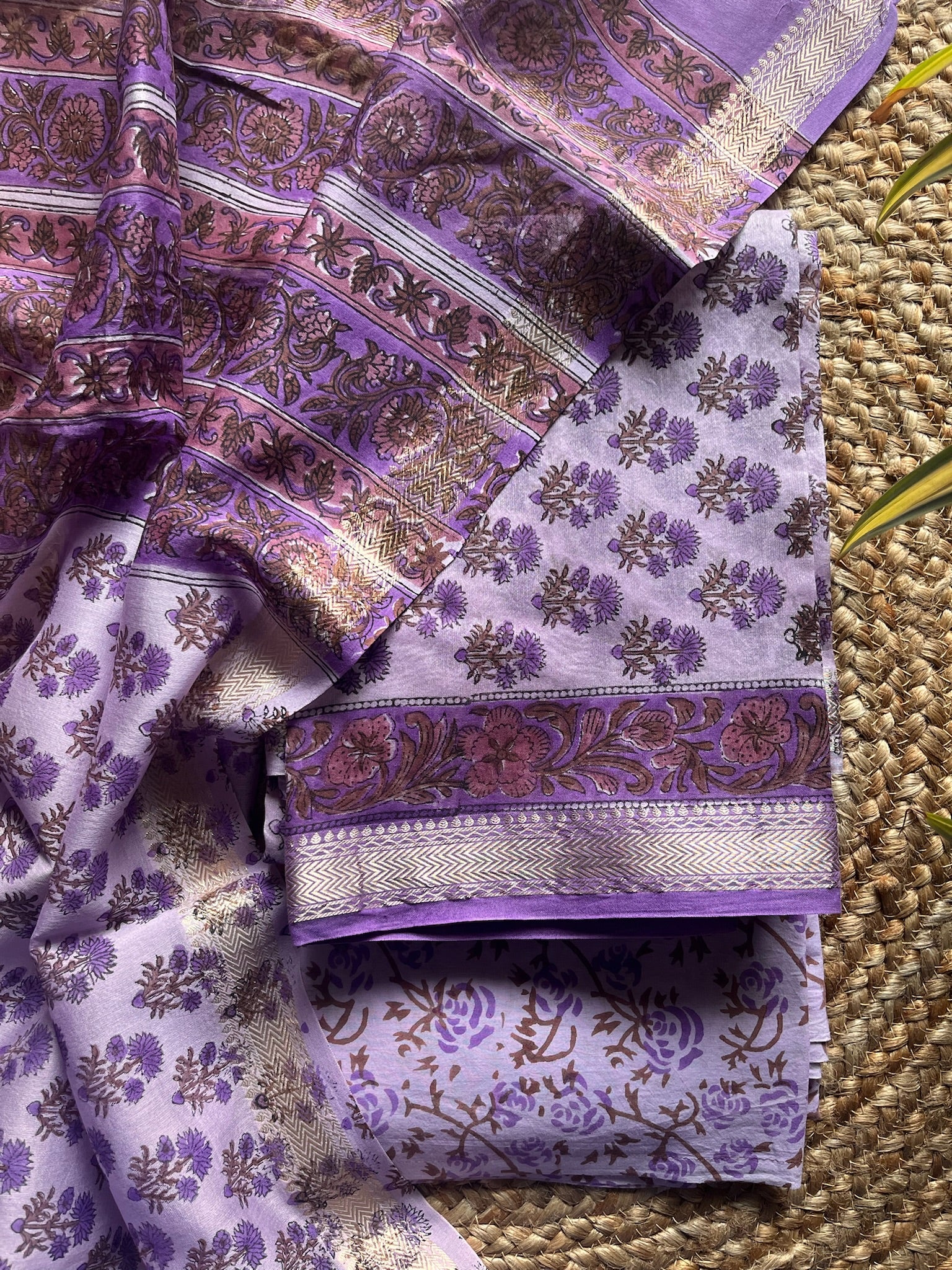 Naimisha – Lavender Floral Bagru Printed Maheshwari Silk Suit Set – handcrafted silk; cotton suits – Handcrafted in India