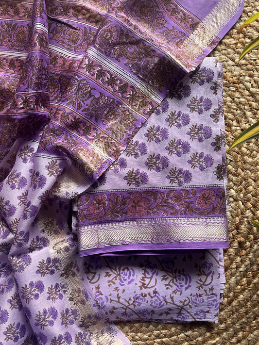 Naimisha – Lavender Floral Bagru Printed Maheshwari Silk Suit Set – handcrafted silk; cotton suits – Handcrafted in India