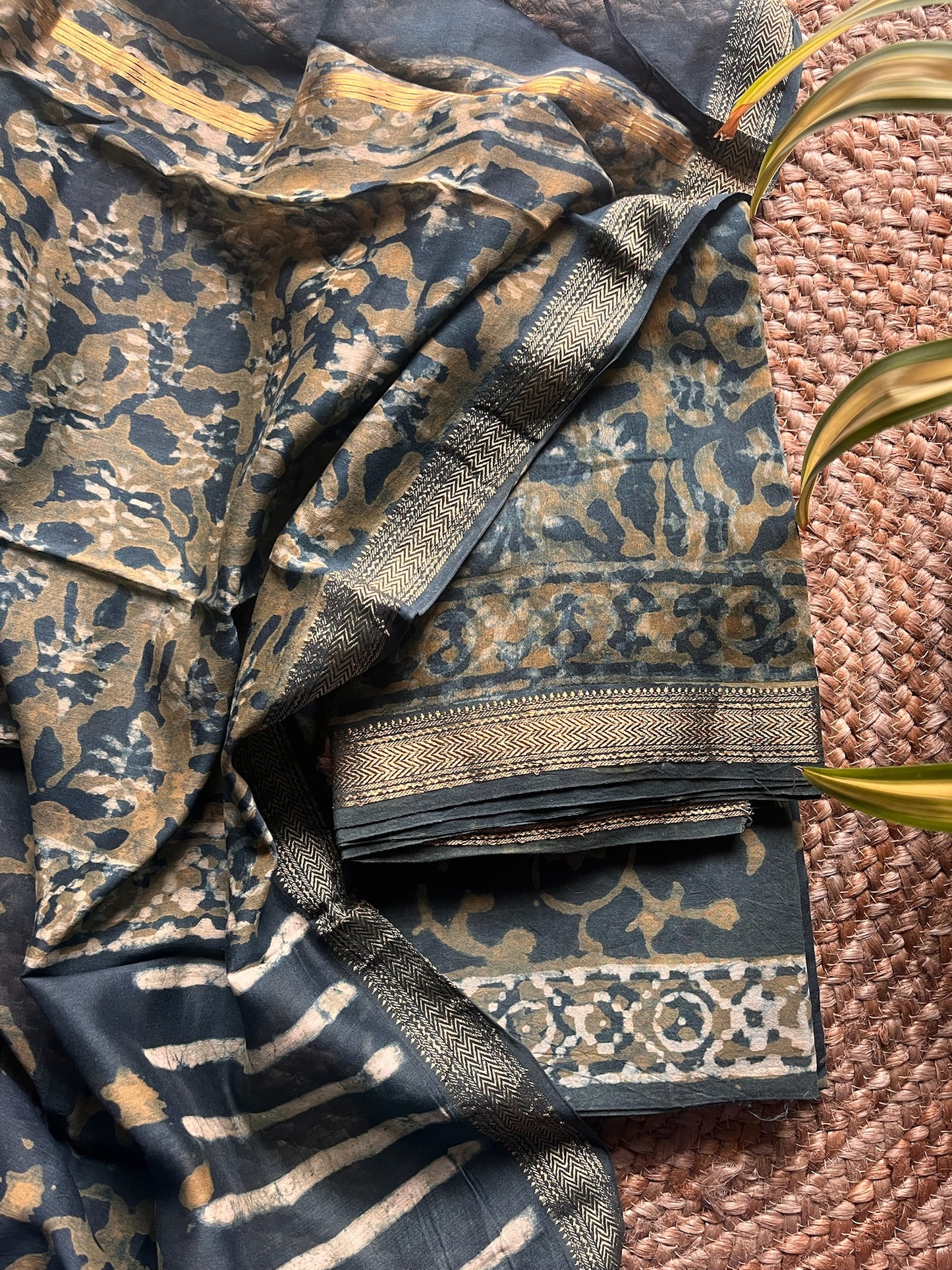Meghira – Black & Taupe Abstract Bagru Printed Maheshwari Silk Suit Set – handcrafted silk; cotton suits – Handcrafted in India