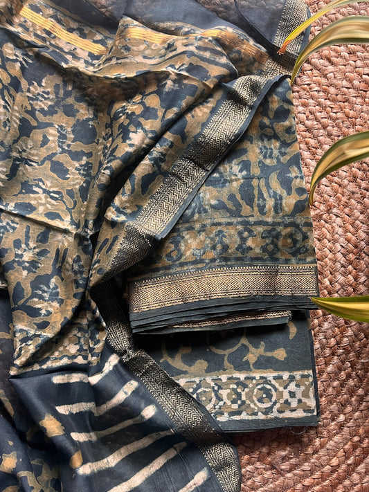 Meghira – Black & Taupe Abstract Bagru Printed Maheshwari Silk Suit Set – handcrafted silk; cotton suits – Handcrafted in India