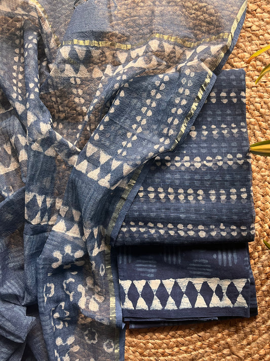 Neelima – Indigo Kota Doria & Cotton Handblock Suit Set – handcrafted cotton – Handcrafted in India