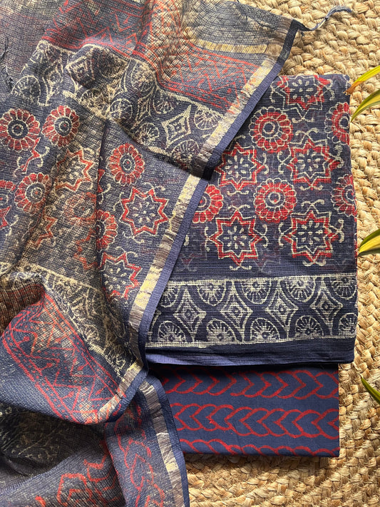 Taru – Red & Indigo Bagru Printed Kota Cotton Suit Set – handcrafted cotton – Handcrafted in India