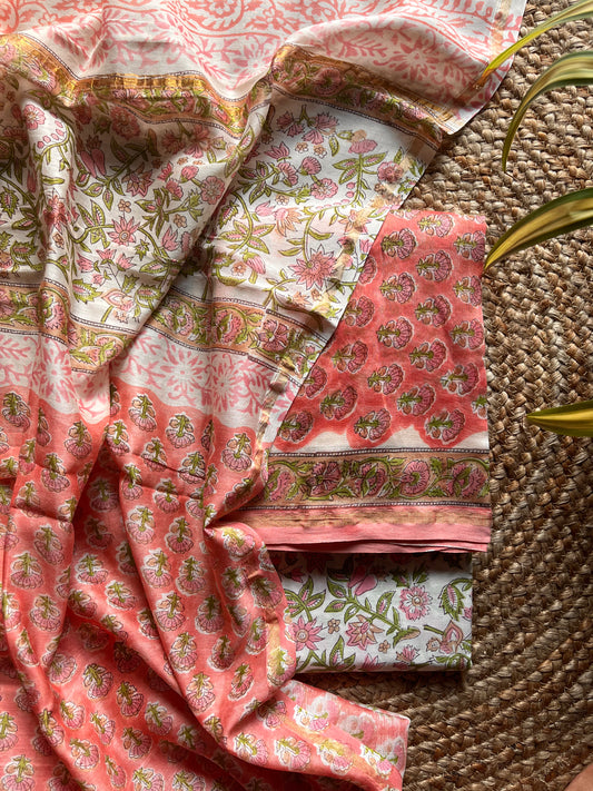 Gulbadan – Blush Pink Chanderi Silk Suit Set with Bagru Print – handcrafted chanderi-silk; cotton – Handcrafted in India