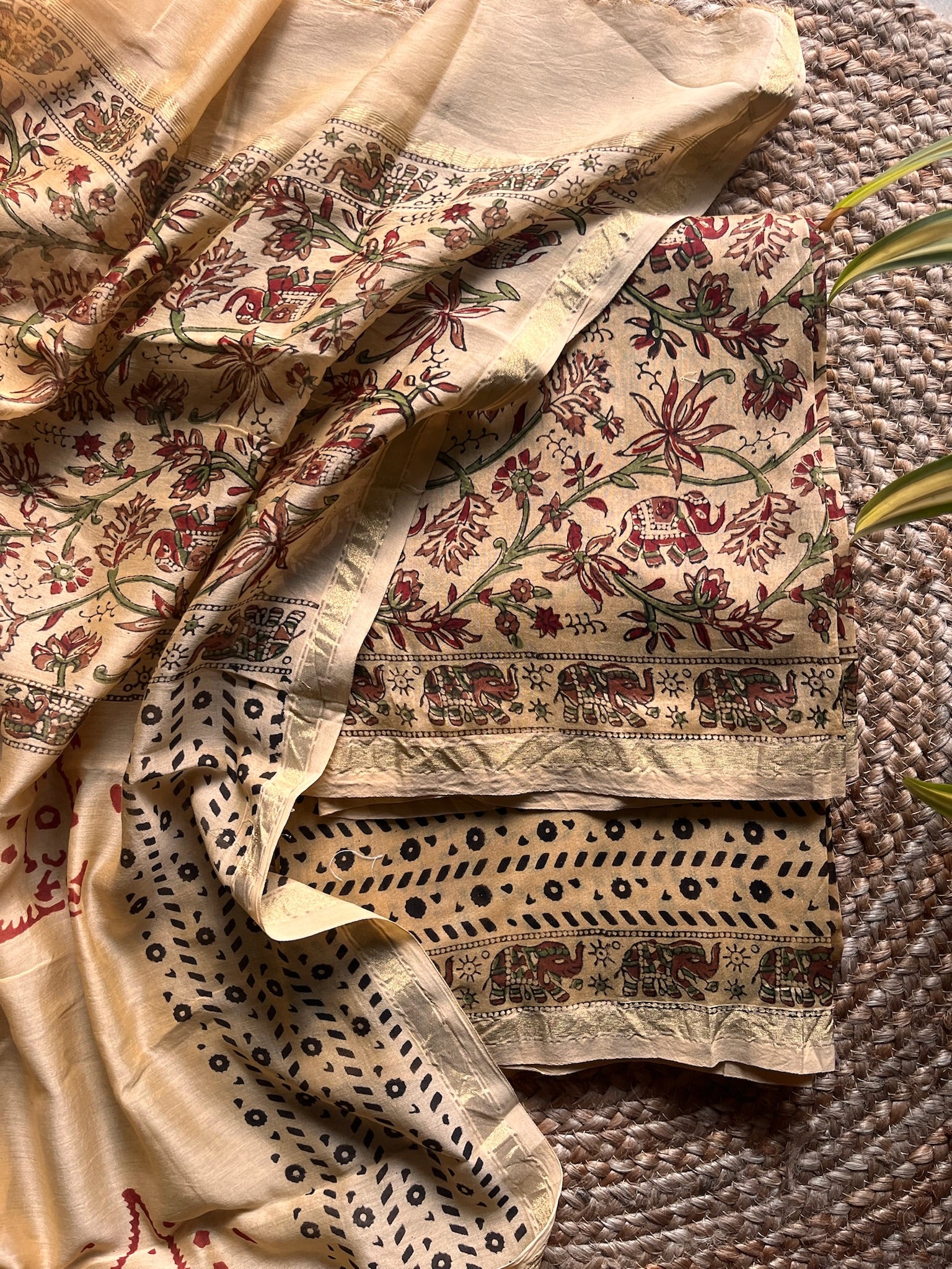 Neelima – Beige & Maroon Kalamkari Handblock Chanderi Silk Suit – handcrafted silk; cotton suits – Handcrafted in India