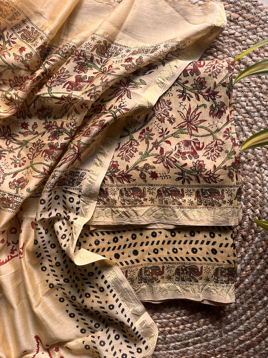 Neelima – Beige & Maroon Kalamkari Handblock Chanderi Silk Suit – handcrafted silk; cotton suits – Handcrafted in India