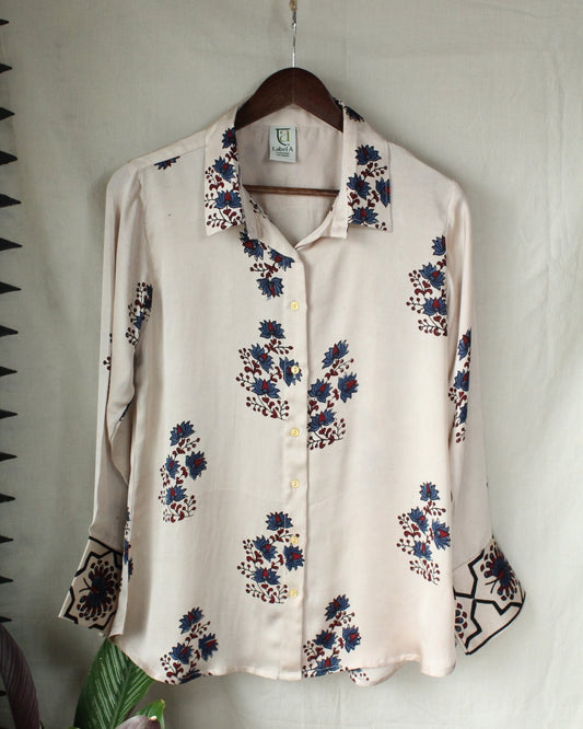 Ajrakh hand-block print Aarini - White Modal Silk Shirt by LabelA