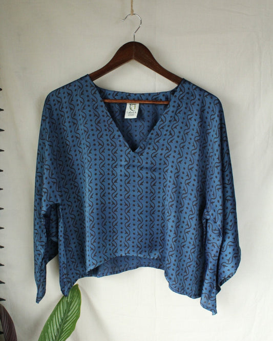 Ajrakh hand-block print Aaritra - Blue Modal Silk Top by LabelA