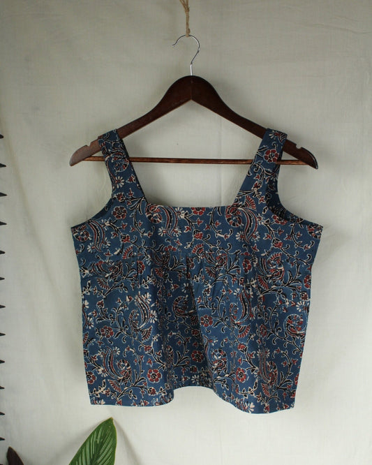 Ajrakh hand-block print Anshika - Blue Cotton Top by LabelA