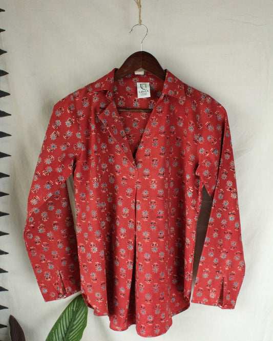 Ajrakh hand-block print Agnika - Red Cotton Pullover Shirt by LabelA