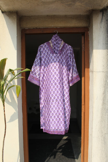 Vanya Lilac Bagru Chanderi Silk Suit Set with Dupatta | Hand Block Print |