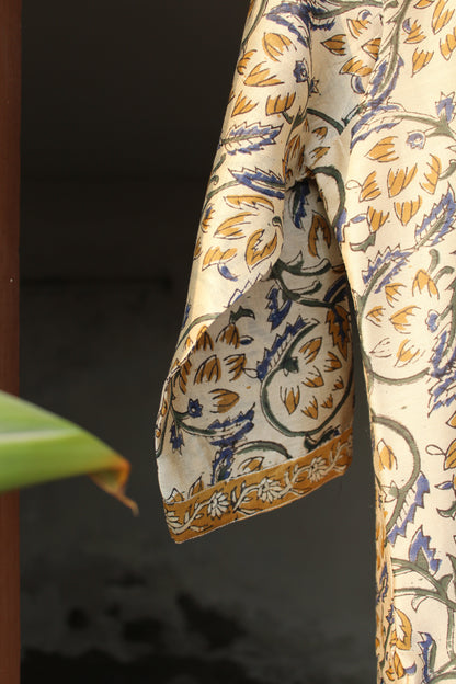 Aditi Beige Bagru Kalamkari Canderi Silk Suit Set with Bottom & Dupatta | Hand Block Print |