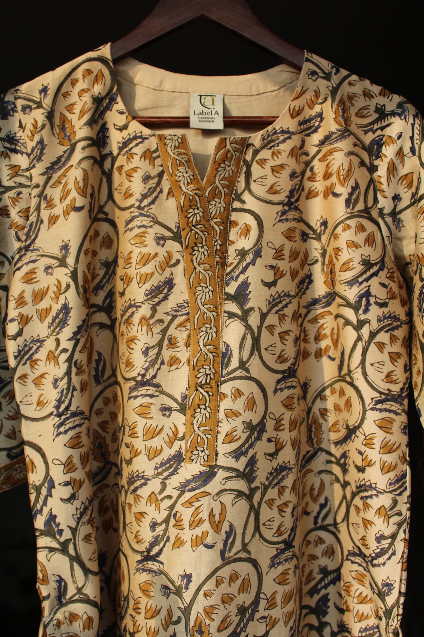 Aditi Beige Bagru Kalamkari Canderi Silk Suit Set with Bottom & Dupatta | Hand Block Print |