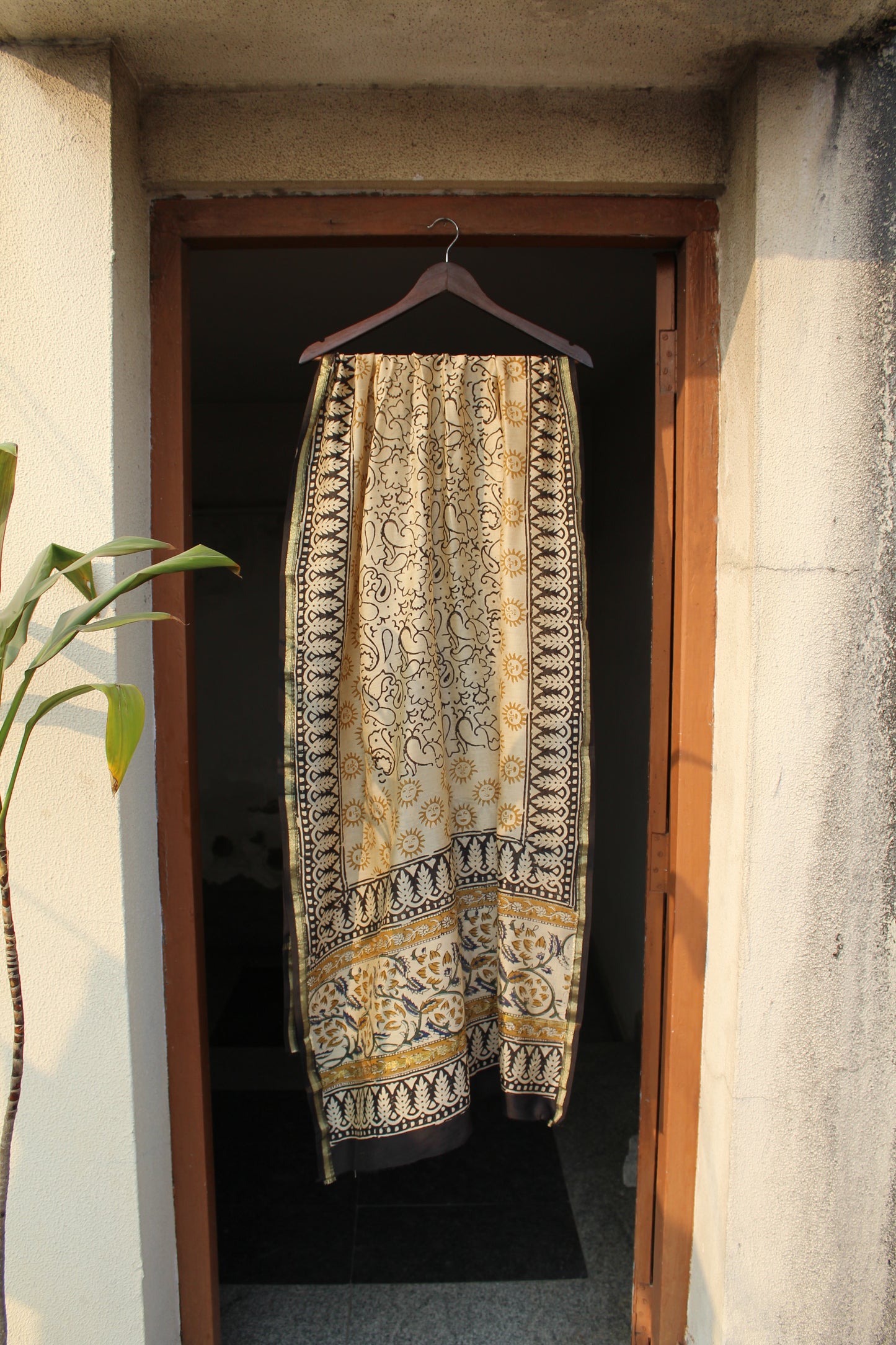 Aditi Beige Bagru Kalamkari Canderi Silk Suit Set with Bottom & Dupatta | Hand Block Print |