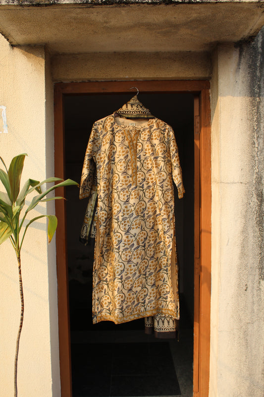 Aditi Beige Bagru Kalamkari Canderi Silk Suit Set with Bottom & Dupatta | Hand Block Print |