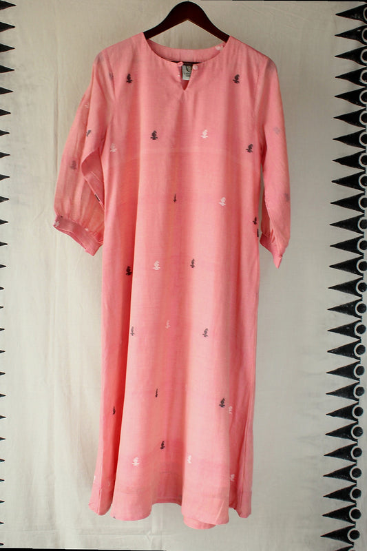 Aditi — Light Pink Cotton Jamdani Dress by LabelA with Jamdani