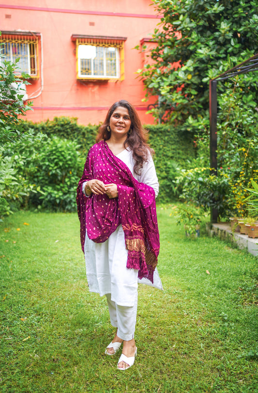 Aadhya - Purple Bandhani Modal Silk Dupatta with jari Border,