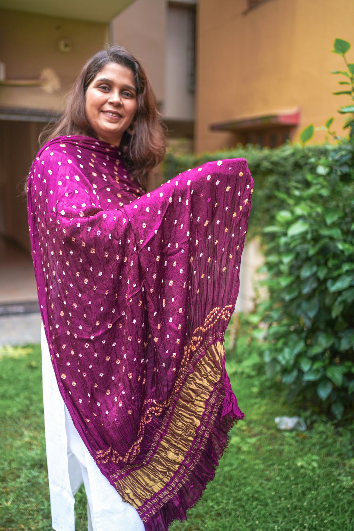 Aadhya - Purple Bandhani Modal Silk Dupatta with jari Border,