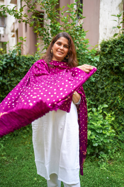 Aadhya - Purple Bandhani Modal Silk Dupatta with jari Border,