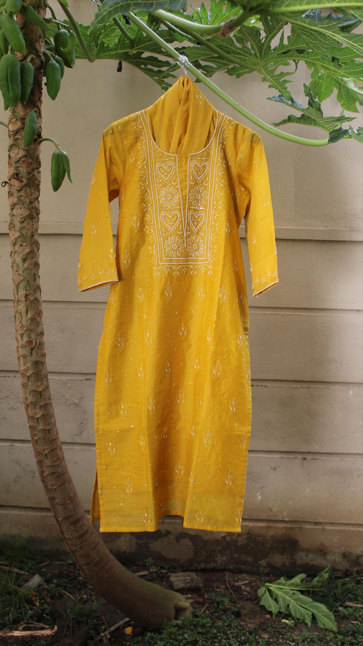 Aadhira Mustard Chikankari Linen Silk Suit Set with Dupatta | Hand Embroidered