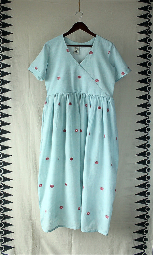 Avani — Sky Blue Cotton Jamdani Dress by LabelA with Jamdani