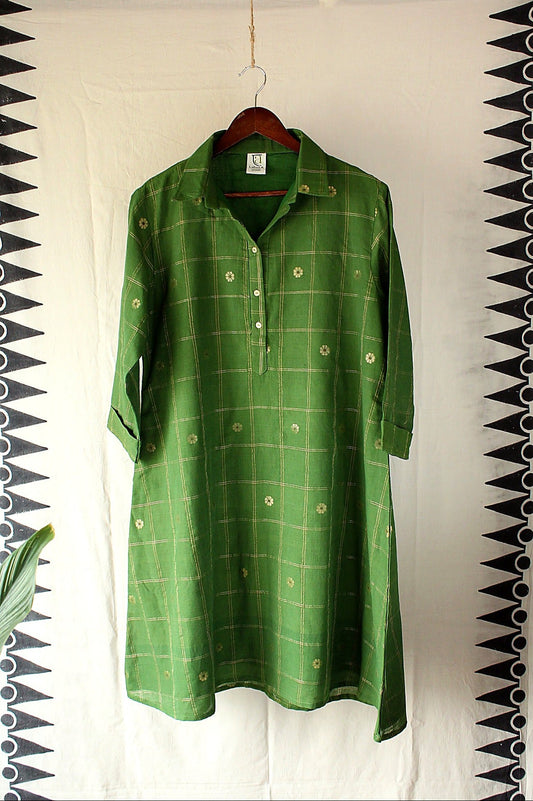 Amreen — Green Cotton Jamdani Dress by LabelA with Jamdani